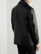 Premium Black Original Leather Peacoat - Double-Breasted Military Premium Trench Coat