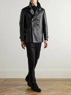 Premium Black Original Leather Peacoat - Double-Breasted Military Premium Trench Coat