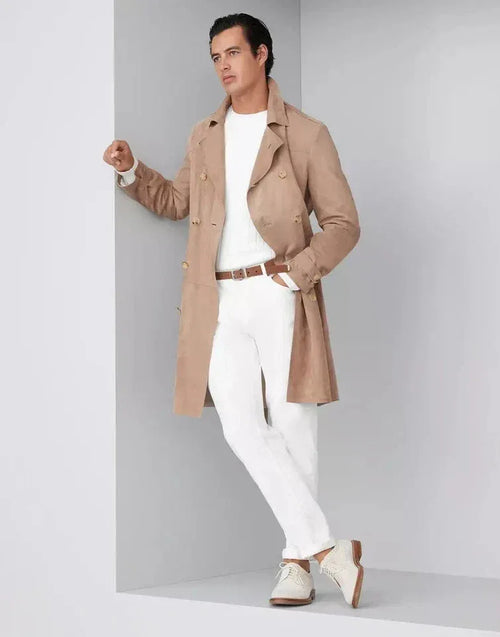 Premium Beige Original Suede Leather Trench Coat - Double-Breasted Belted Coat – leather coat, back view – Kamercio