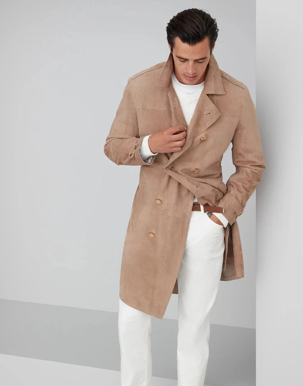 Premium Beige Original Suede Leather Trench Coat - Double-Breasted Belted Coat