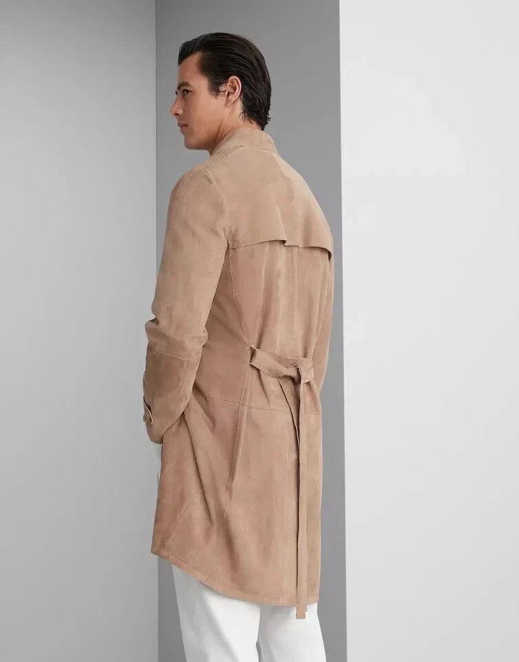 Premium Beige Original Suede Leather Trench Coat - Double-Breasted Belted Coat