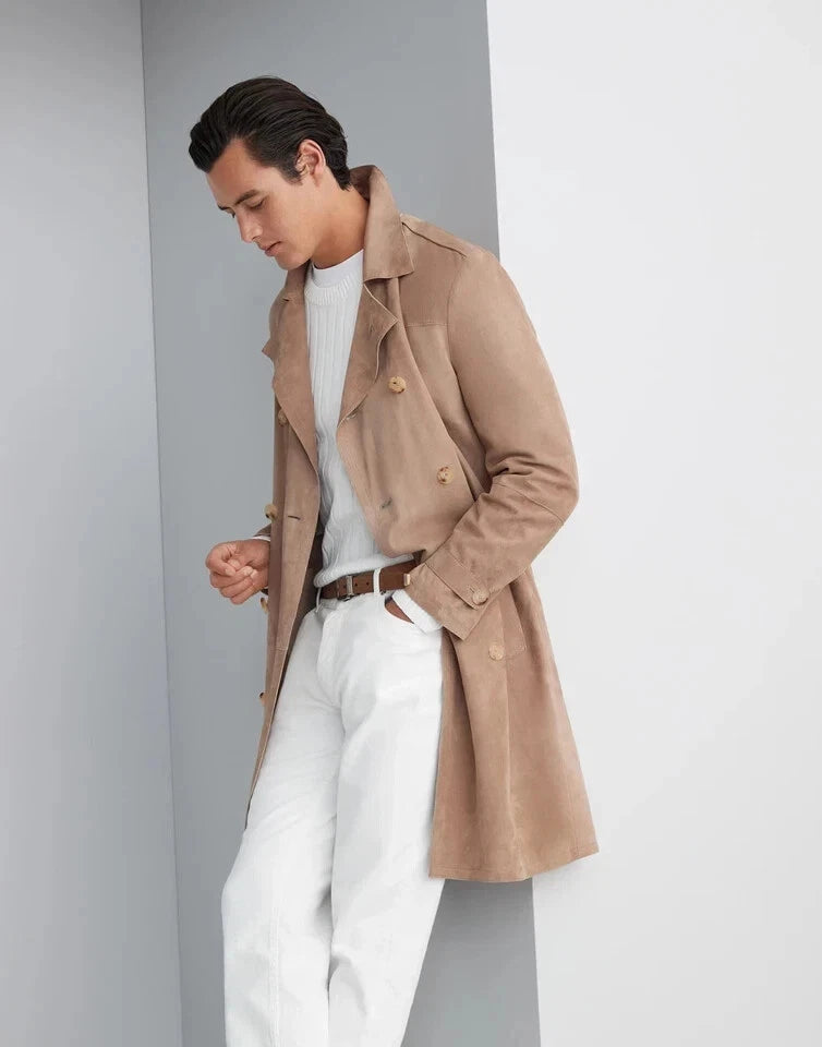 Premium Beige Original Suede Leather Trench Coat - Double-Breasted Belted Coat