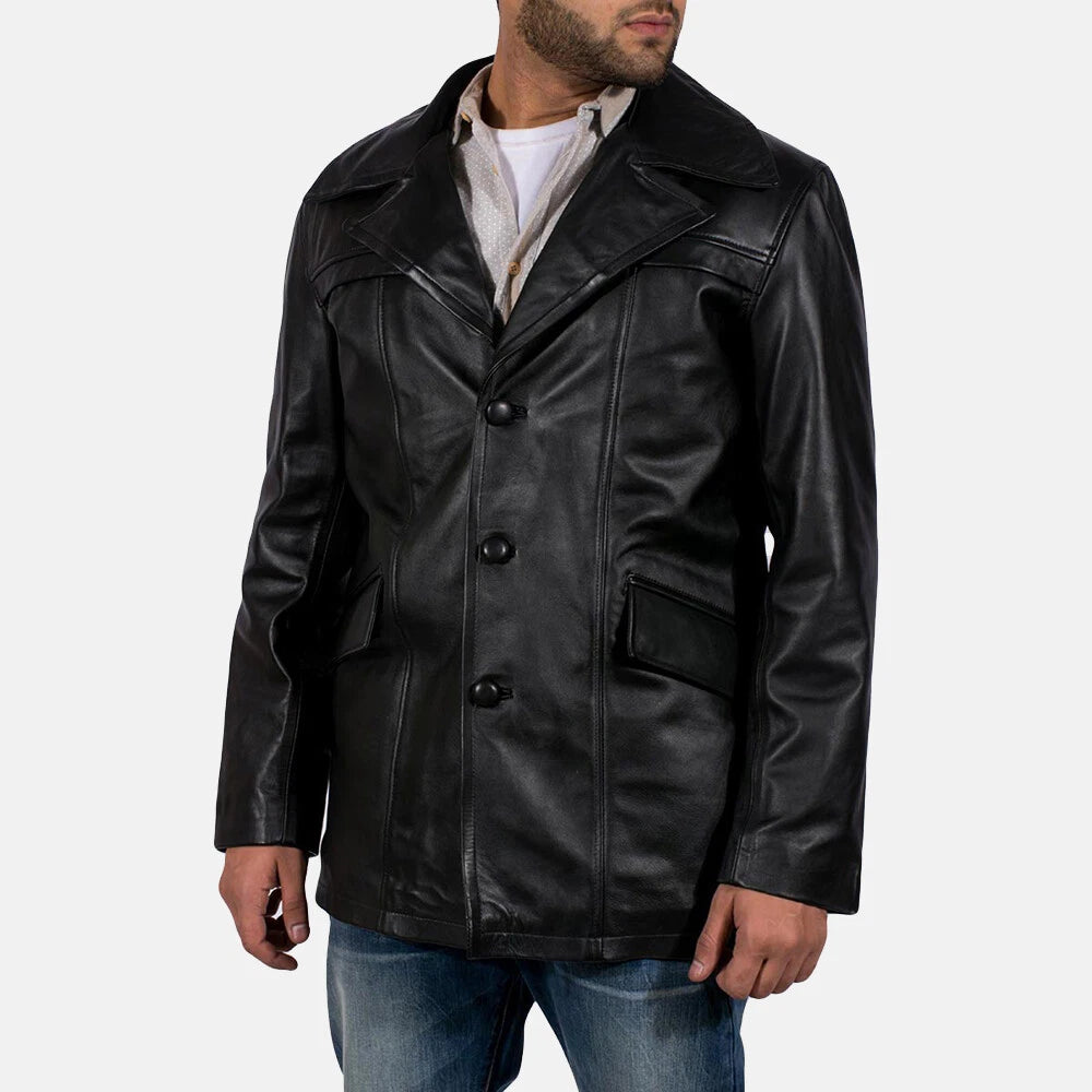 Premium Black Original Leather Jacket - Classic Button-Front Coat