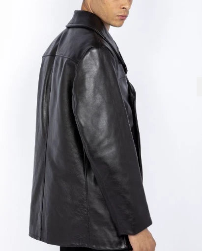 Black Original Leather Peacoat - Premium Full-Grain Double-Breasted Coat for Men