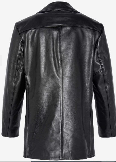 Black Original Leather Peacoat - Premium Full-Grain Double-Breasted Coat for Men