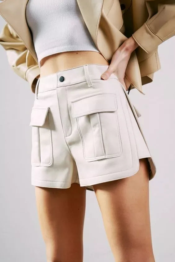 White Original Leather Cargo Shorts - Premium Full-Grain Utility Shorts for Women