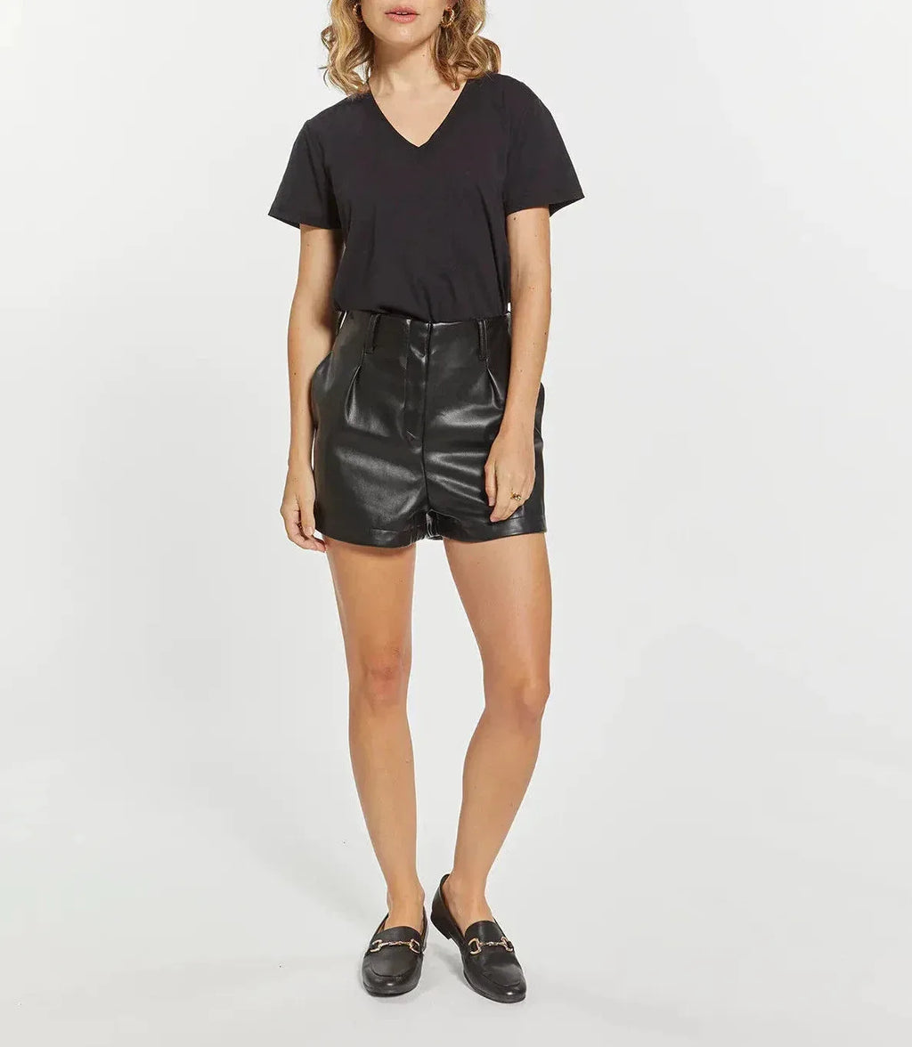 Black Original Leather Shorts with Zipper Detail - Premium Full-Grain Leather Shorts for Women