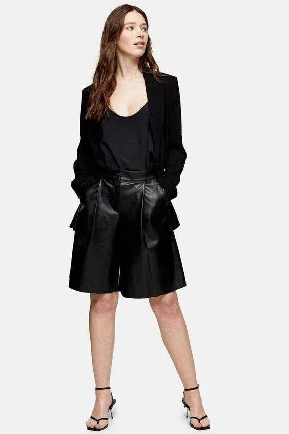 Black Original Leather Bermuda Shorts - Premium Full-Grain High-Waist Shorts for Women