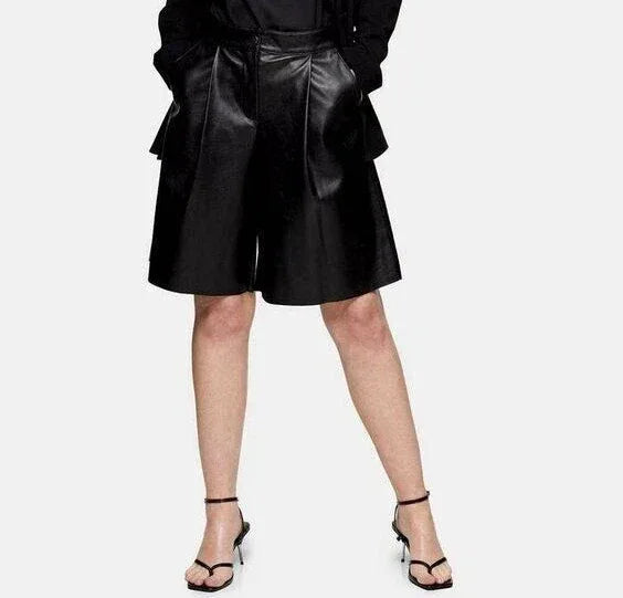 Black Original Leather Bermuda Shorts - Premium Full-Grain High-Waist Shorts for Women