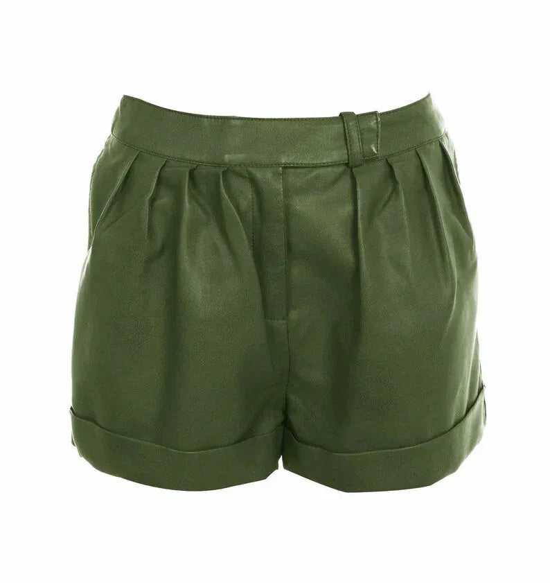 Olive Green Original Leather Pleated Shorts with Belt - Premium Full-Grain High-Waist Shorts for Women