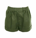 Olive Green Original Leather Pleated Shorts with Belt - Premium Full-Grain High-Waist Shorts for Women