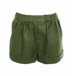 Olive Green Original Leather Pleated Shorts with Belt - Premium Full-Grain High-Waist Shorts for Women