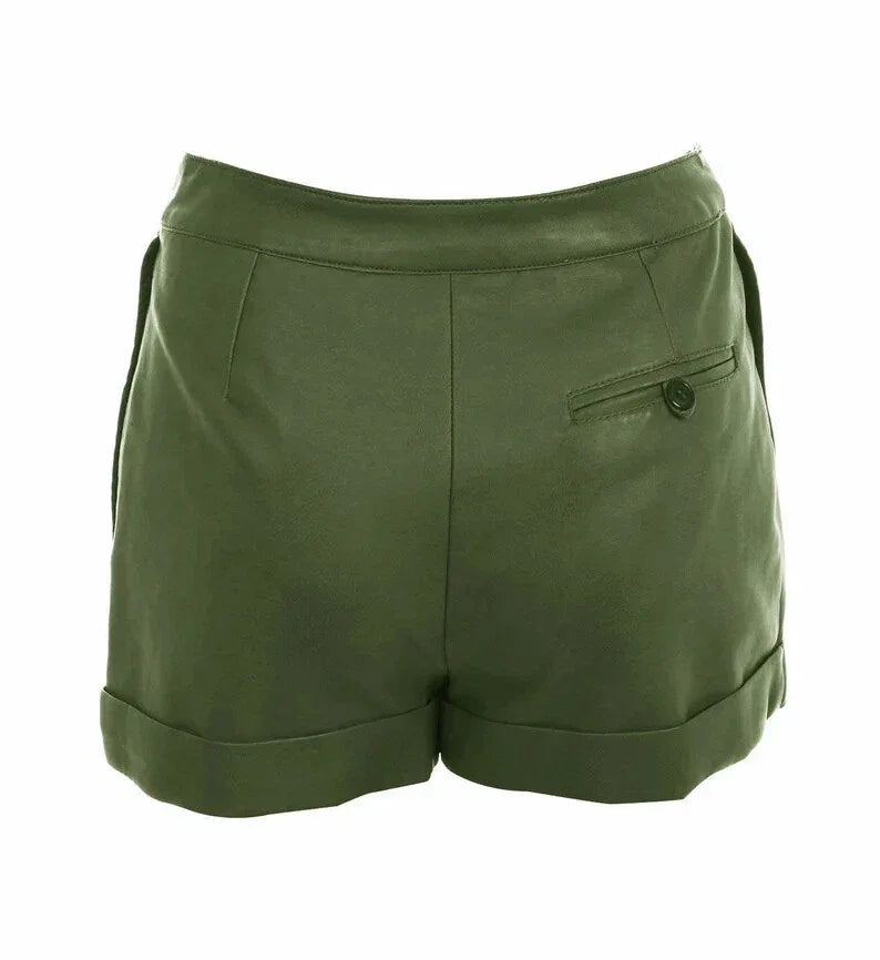 Olive Green Original Leather Pleated Shorts with Belt - Premium Full-Grain High-Waist Shorts for Women