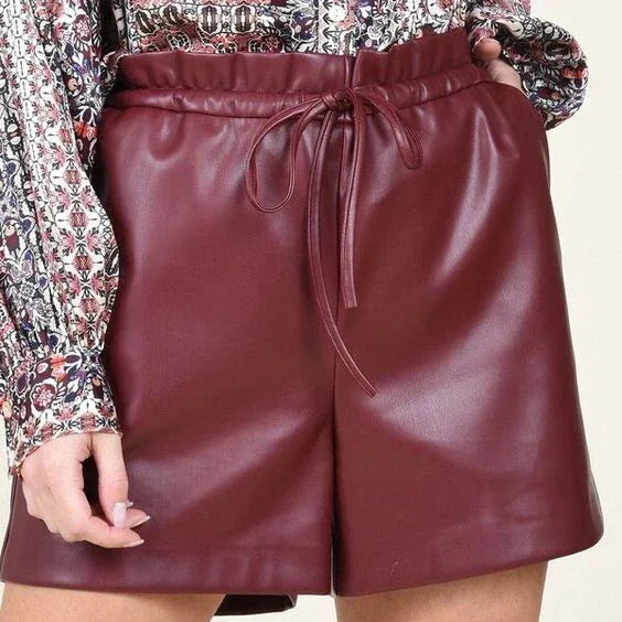 Burgundy Original Leather Shorts with Drawstring - Premium Full-Grain High-Waist Shorts for Women