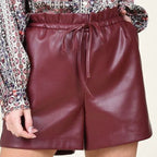 Burgundy Original Leather Shorts with Drawstring - Premium Full-Grain High-Waist Shorts for Women
