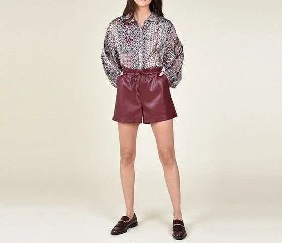 Burgundy Original Leather Shorts with Drawstring - Premium Full-Grain High-Waist Shorts for Women
