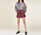 Burgundy Original Leather Shorts with Drawstring - Premium Full-Grain High-Waist Shorts for Women
