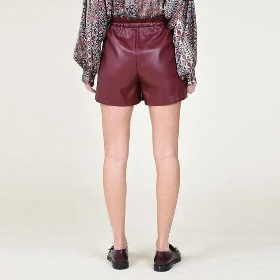Burgundy Original Leather Shorts with Drawstring - Premium Full-Grain High-Waist Shorts for Women
