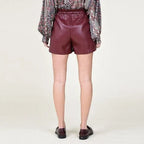 Burgundy Original Leather Shorts with Drawstring - Premium Full-Grain High-Waist Shorts for Women