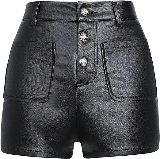 Black Original Leather Shorts with Button-Front Detail - Premium Full-Grain High-Waist Shorts for Women