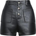 Black Original Leather Shorts with Button-Front Detail - Premium Full-Grain High-Waist Shorts for Women