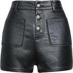 Black Original Leather Shorts with Button-Front Detail - Premium Full-Grain High-Waist Shorts for Women