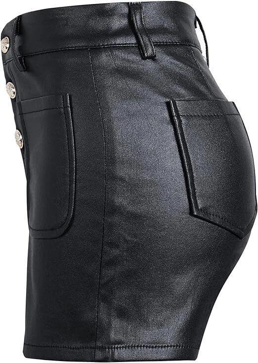 Black Original Leather Shorts with Button-Front Detail - Premium Full-Grain High-Waist Shorts for Women