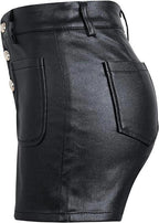 Black Original Leather Shorts with Button-Front Detail - Premium Full-Grain High-Waist Shorts for Women
