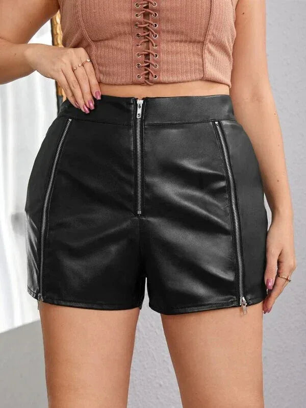Black Original Leather Shorts with Zipper Details - Premium Full-Grain High-Waist Shorts for Women