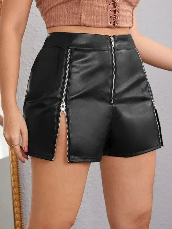 Black Original Leather Shorts with Zipper Details - Premium Full-Grain High-Waist Shorts for Women