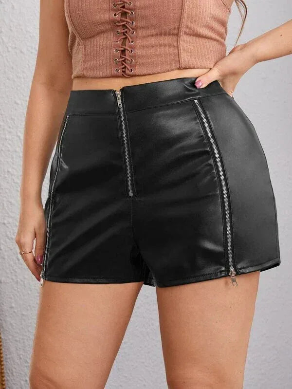 Black Original Leather Shorts with Zipper Details - Premium Full-Grain High-Waist Shorts for Women