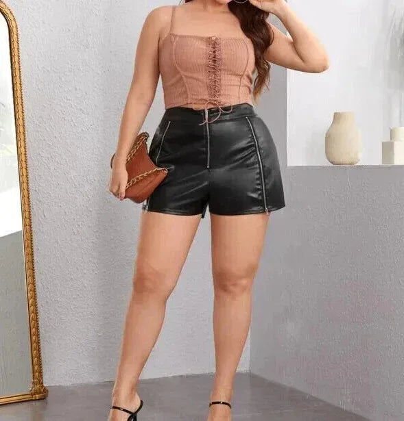 Black Original Leather Shorts with Zipper Details - Premium Full-Grain High-Waist Shorts for Women