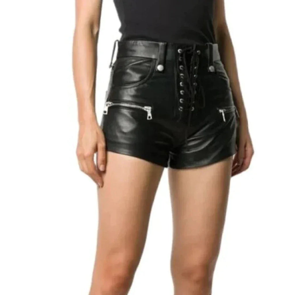 Women's Lace-Up Original Leather Premium Shorts - High-Waisted Edgy Black Shorts with Zipper Details