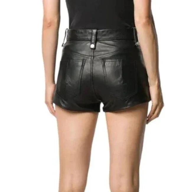 Women's Lace-Up Original Leather Premium Shorts - High-Waisted Edgy Black Shorts with Zipper Details