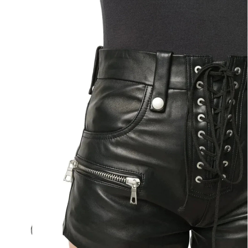 Women's Lace-Up Original Leather Premium Shorts - High-Waisted Edgy Black Shorts with Zipper Details
