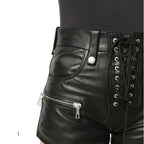 Women's Lace-Up Original Leather Premium Shorts - High-Waisted Edgy Black Shorts with Zipper Details