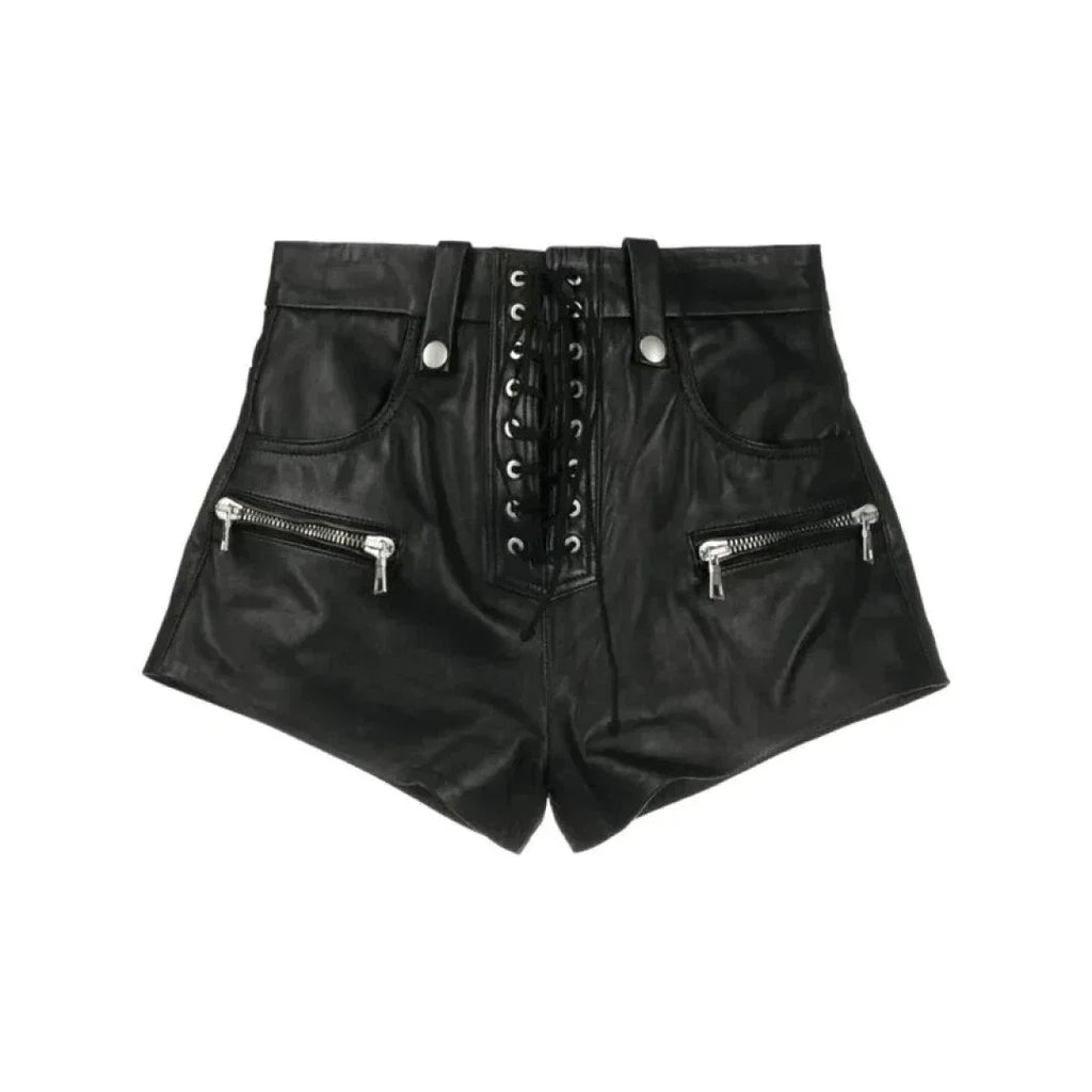 Women's Lace-Up Original Leather Premium Shorts - High-Waisted Edgy Black Shorts with Zipper Details