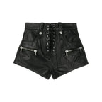 Women's Lace-Up Original Leather Premium Shorts - High-Waisted Edgy Black Shorts with Zipper Details