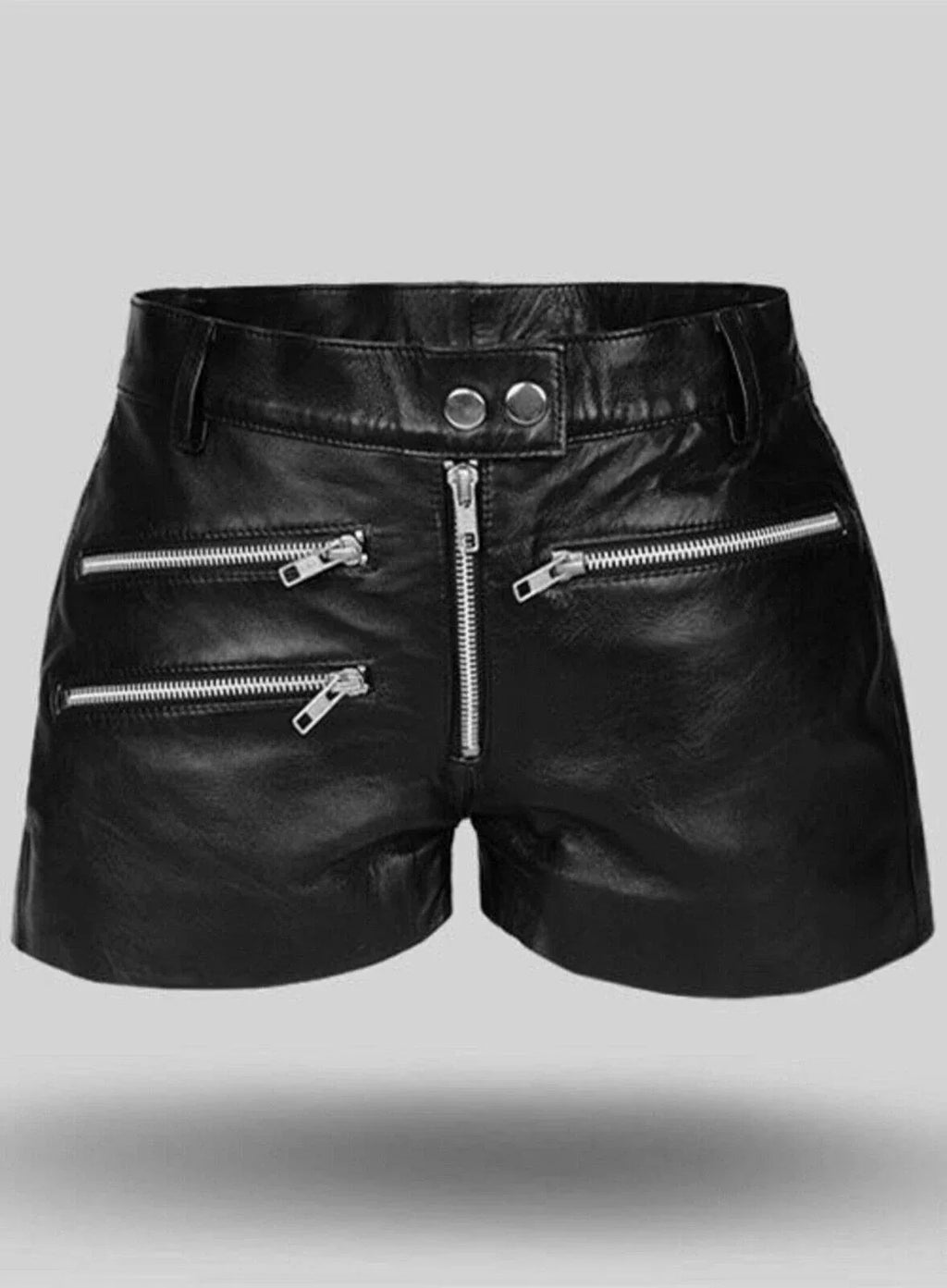 Women's Zipper Original Leather Shorts - Edgy High-Waisted Black Shorts with Multi-Zip Details