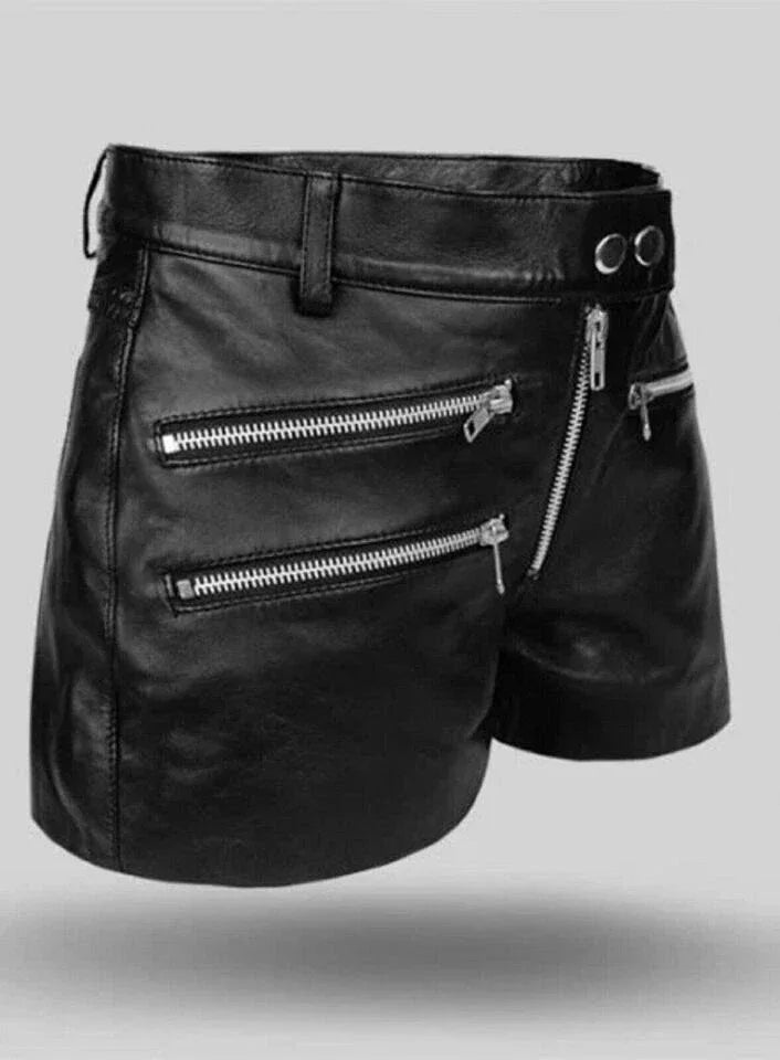 Women's Zipper Original Leather Shorts - Edgy High-Waisted Black Shorts with Multi-Zip Details