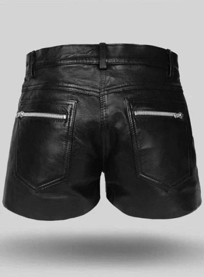 Women's Zipper Original Leather Shorts - Edgy High-Waisted Black Shorts with Multi-Zip Details