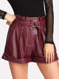 Women's Burgundy Original Leather Shorts - High-Waisted Belted Wine Red Shorts