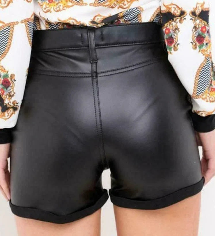 Women's Denim-Style Original Leather Shorts - High-Waisted Black Shorts with Cuffed Hem