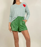 Women's Green Original Leather Shorts - Drawstring Waist Relaxed Fit Shorts