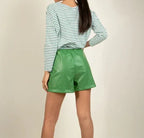 Women's Green Original Leather Shorts - Drawstring Waist Relaxed Fit Shorts
