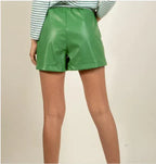 Women's Green Original Leather Shorts - Drawstring Waist Relaxed Fit Shorts