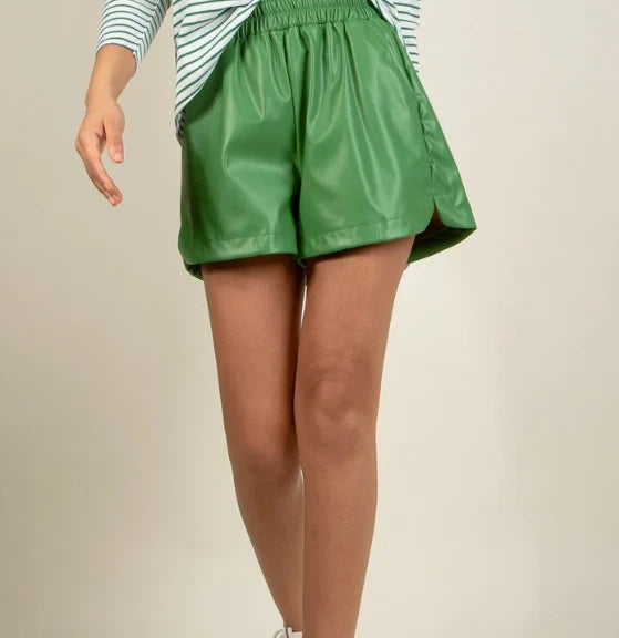 Women's Green Original Leather Shorts - Drawstring Waist Relaxed Fit Shorts