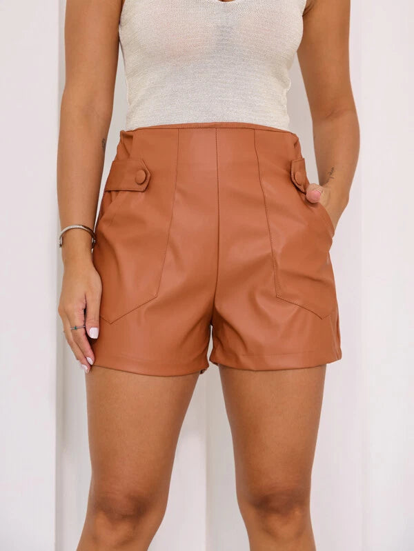 Women's Camel Original Leather Shorts - High-Waisted Tailored Shorts with Cuffed Hem