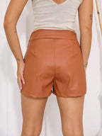 Women's Camel Original Leather Shorts - High-Waisted Tailored Shorts with Cuffed Hem
