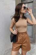 Women's Camel Original Leather Shorts - High-Waisted Tailored Shorts with Cuffed Hem